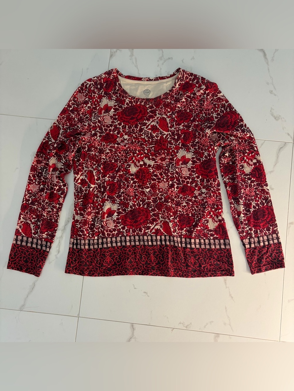 Tory Burch Womens Large Red Floral Long Sleeve 100% Pima Cotton Blouse Tee Shirt